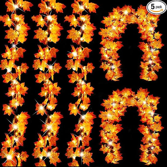 GBD Thanksgiving Decorations-5 Pack Total 50Ft 100LED Fall Garland with Lights Battery Operated Enlarged Maple Leaves Garlands for Fall Decorations for Home Christmas Halloween Indoor Outdoor Decor
