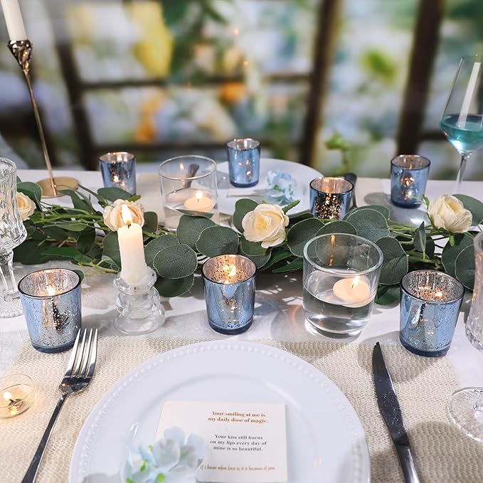 LETINE Blue Votive Candle Holders Set of 36 -Mercury Glass Candle Holders for Wedding & Baby Shower Decor - Ideal for Bridal Shower & Centerpieces for Tables