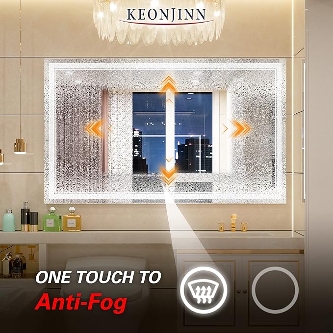 Keonjinn LED Bathroom Mirror with Lights 60 x 36 Inch, Large LED Vanity Mirror for Bathroom, HD Tempered Glass, UL Listed LED Driver, Easy to Install, Anti-Fog, Memory Dimmable 6000K, Frontlit Only
