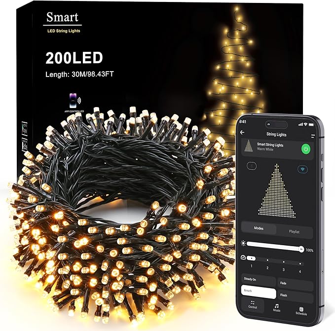 BrizLabs Smart Christmas Lights, 66FT 200 LED Warm White Christmas Fairy Lights with App/Voice Control, Multiple Modes with Playlist Function, Dimmable Light String, Music Sync Party Light Green Wire