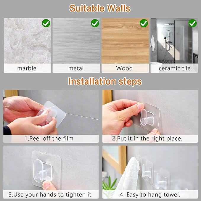 DELITON Clear Cute Storage Hooks, 10 Packs, Adhesion - Stick on Wall for Bathroom Towel&Hanging Robe, Coat