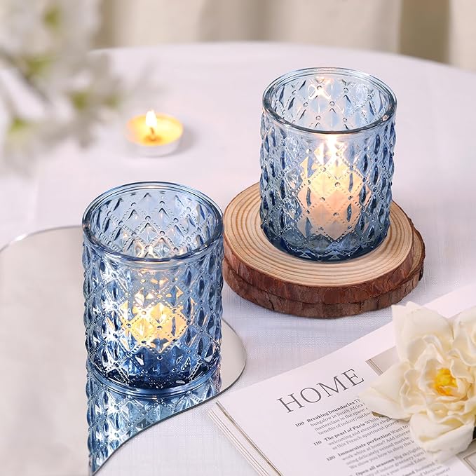 12Pcs Large Votive Candle Holders 2.8 * 3.2in Blue Tea Light Candle Holders Glass Candle Holder for Wedding, Bridal Shower, Table Centerpiece, Party, Home Decor