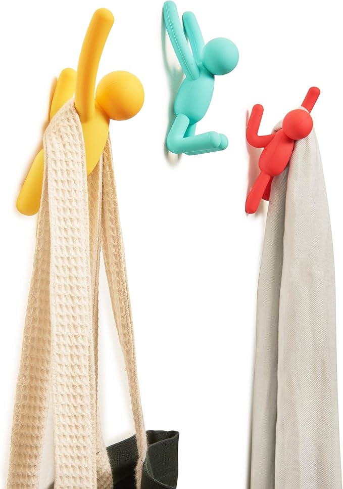 Umbra Buddy Wall Hooks – Decorative Wall Mounted Coat Hooks for Hanging Coats, Scarves, Bags, Purses, Backpacks, Towels and More, Set of 3, Bright Multicolored