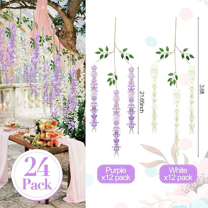 Giegxin 24 Pcs Artificial Wisteria Hanging Flowers 3.6 ft Artificial Fake Wisteria Vine Rattan Hanging Garland Silk Flowers String for Wall Home Wedding Party Greenery Decorations (Purple,White)