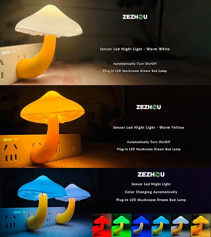 Night Lights Plug into Wall - 2-Pack Sensor LED Mushroom Light, Magic 7 Color Changing Cute Dream Bed Mushroom Lamp for Kids Adults Living Room Bedroom Kitchen, Bathroom Toilet, Stair Hallway Corridor