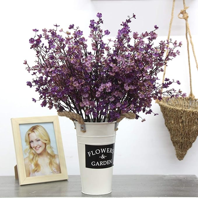 JAKY-Global Babys Breath Fabric Cloth Artificial Flowers 12 Bundle European Fake Silk Plants Farmhouse Decor Wedding Party Decoration Bouquets Real Touch DIY Home Garden (Autumn Purple-12pcs)