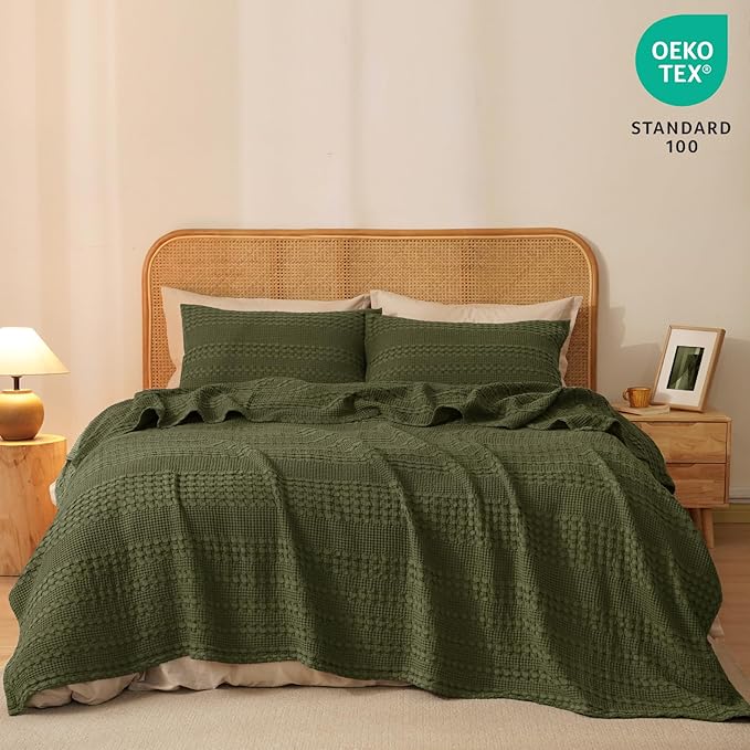 PHF 100% Cotton Waffle Weave Blanket Queen Size for Bed, Soft Lightweight & Breathable, All-Season Comfort, Luxury Aesthetic Woven Bedding for Home Decor, 90"x90", Capulet Olive