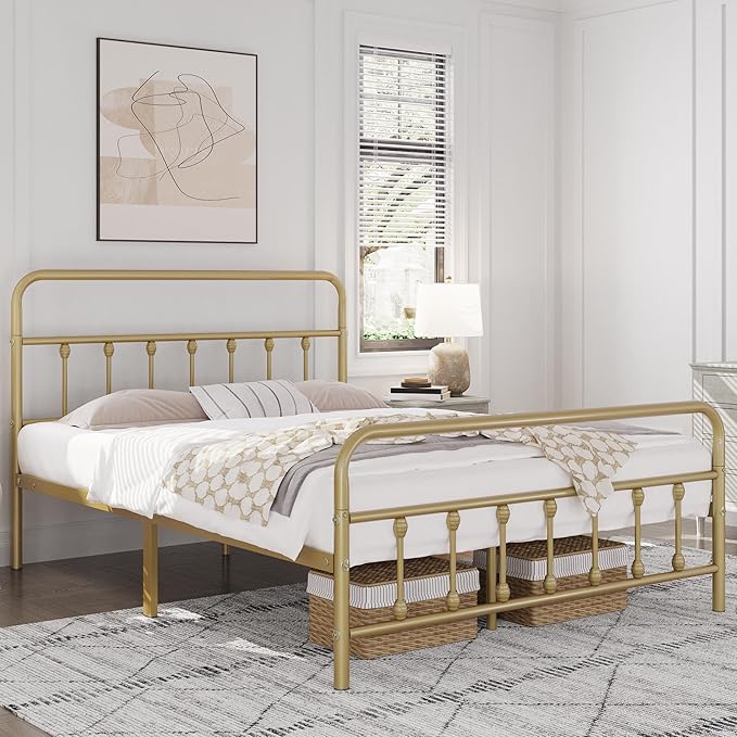 Yaheetech Classic Metal Platform Bed Frame Mattress Foundation with Victorian Style Iron-Art Headboard/Footboard/Under Bed Storage/No Box Spring Needed/Queen Size Antique Gold