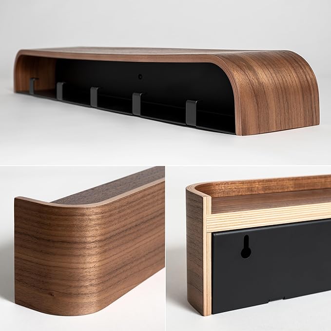 Kazai. Wall-Mounted Coat Rack 'Toke' - Modern Design Coat Rack with Hidden Wall Hooks - Solid Wood Veneer Panel Coat Hanger - Walnut