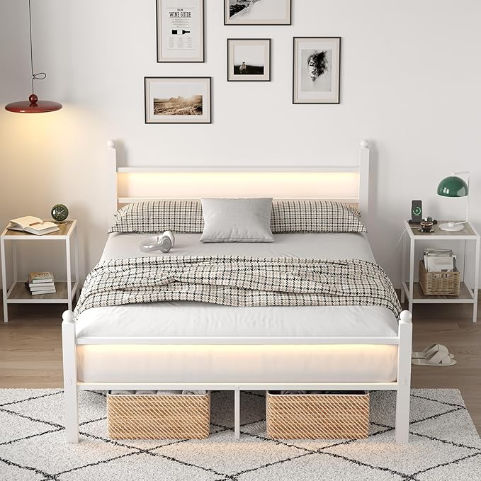 Full Bed Frame with Headboard and Footboard, Metal Bed Frame with Charging Station and LED Lights, Under Bed Storage, No Box Spring Needed,Noise Free, White