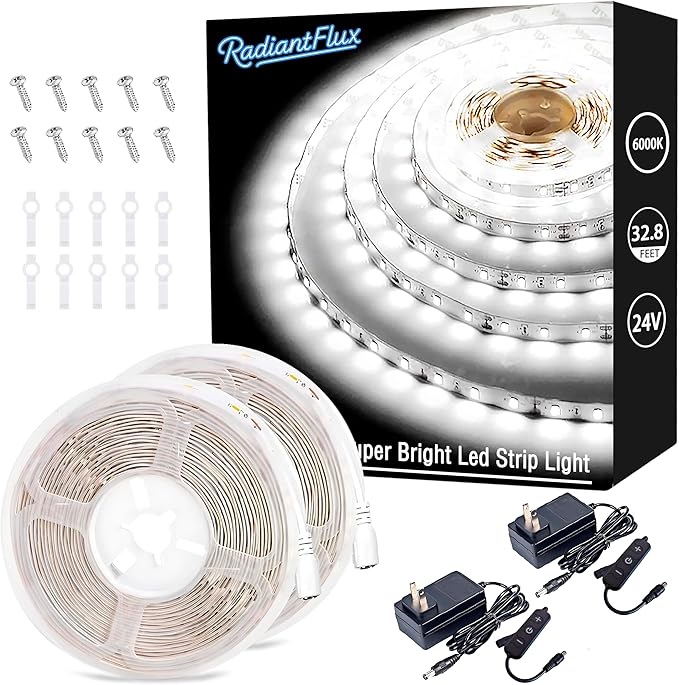 RadiantFlux White Strip Lights,2 Sets of 32.8ft. LED Strip Lights,Strip Light for Cabinet,1200 LEDs Flexible LED Strip Lights for Shelves, Living Room, Study, Wardrobe