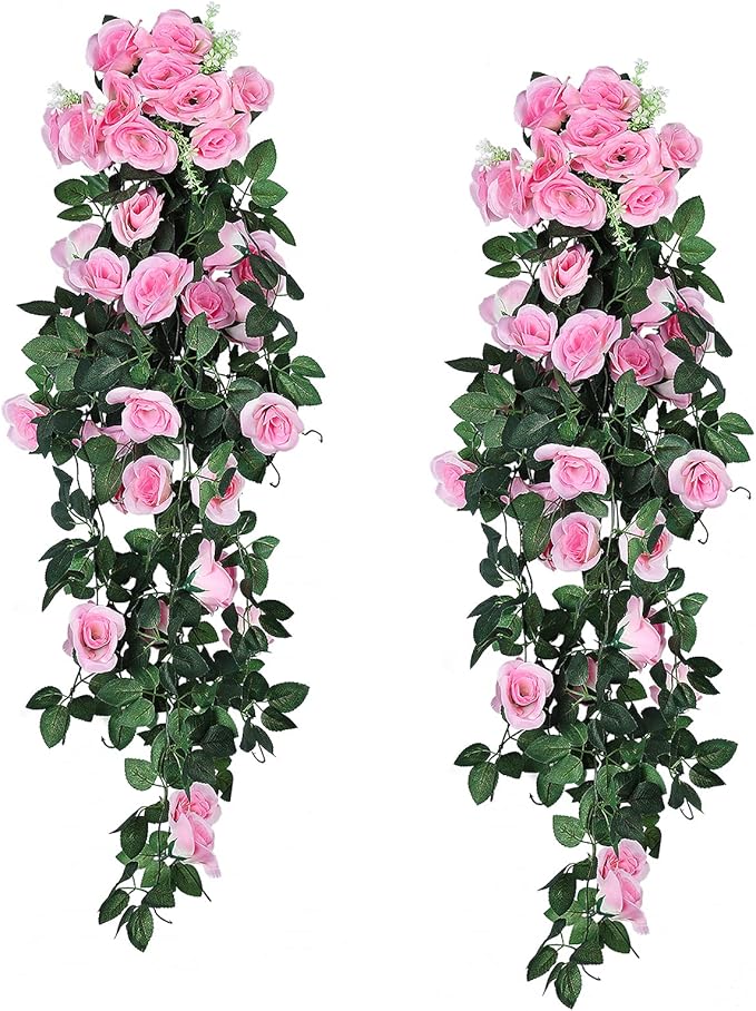 RECUTMS Fake Hanging Flower, 2PCS Artificial Rose Vine Plants Flowers Wedding Home Decoration and Wall Décor 3.3Ft (Pink)