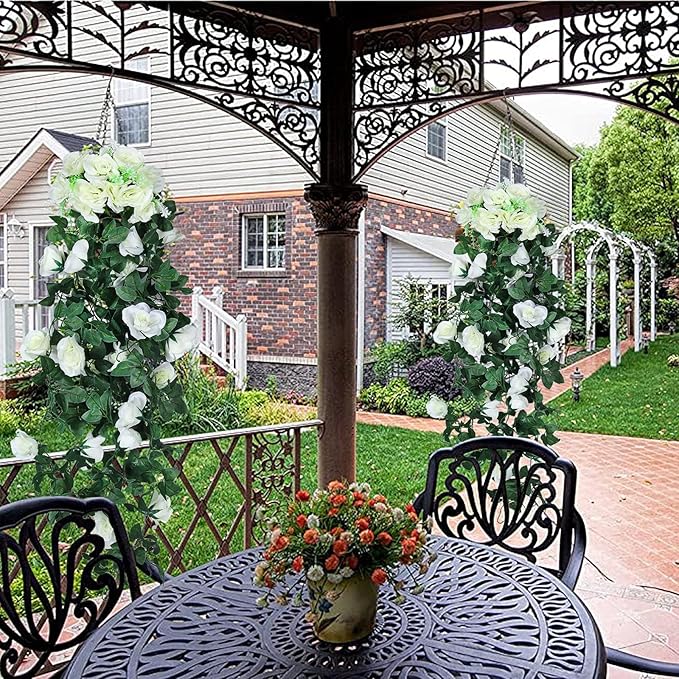 Artificial Hanging Rose Plant 4Pieces 3.3Ft Faux Ivy Plants Fake Outdoor Flowers Vines,UV Resistant for Wedding, Home, Office, Arch,Arrangement Decoration (White)
