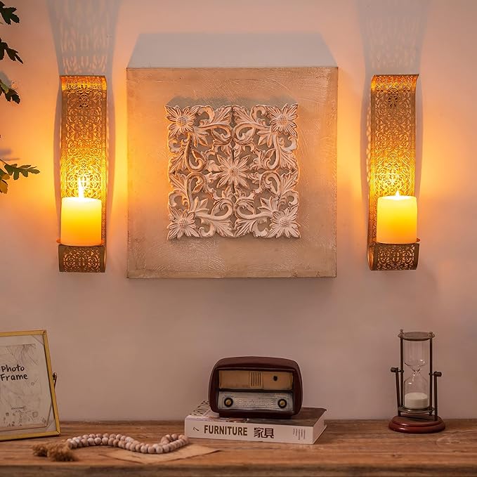 Sziqiqi Gold Candle Sconces Wall Decor Set of 2 - Rustic Pillar Wall Candle Holder for Farmhouse Vintage Hallway Wall Decor Decorative Bathroom Metal Candle Sconces