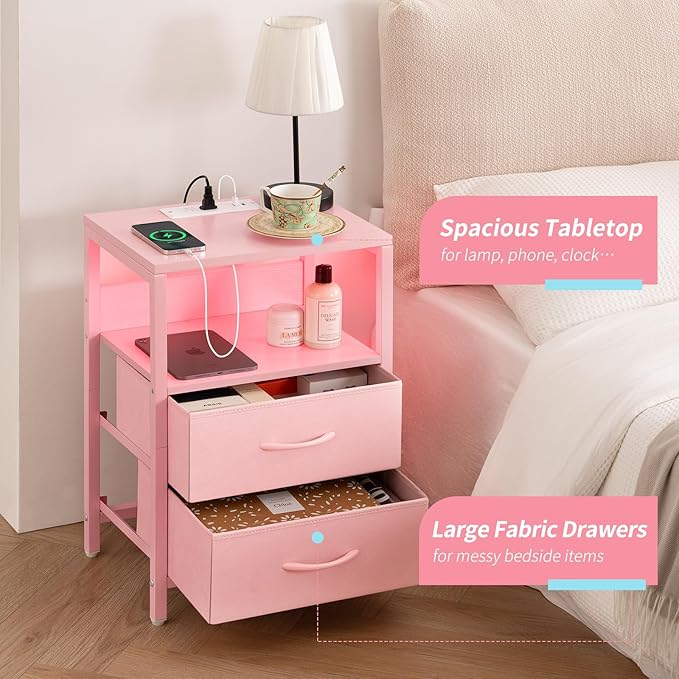 Yoobure Nightstand with Charging Station, LED Night Stand with Fabric Drawers and Storage Shelf for Bedroom, Nightstands Bedside Tables with USB Ports & Outlets, Small Night Stands, Bed Side Table