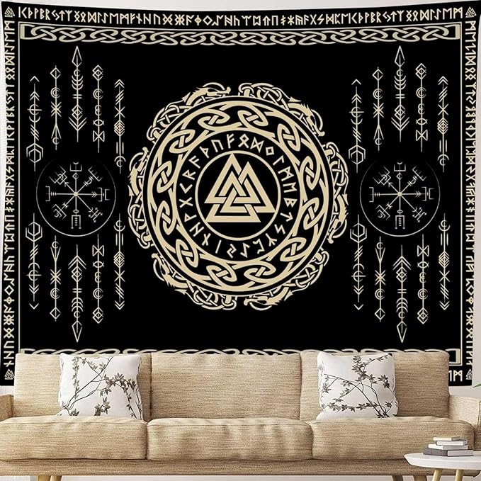 OSUNBD Nordic Viking Tapestry Wall Hanging - Large 108x90 inches Soft Flannel with Valknut, Celtic Runes & Norse Mythology Scandinavian for Bedroom, Living Room Decor