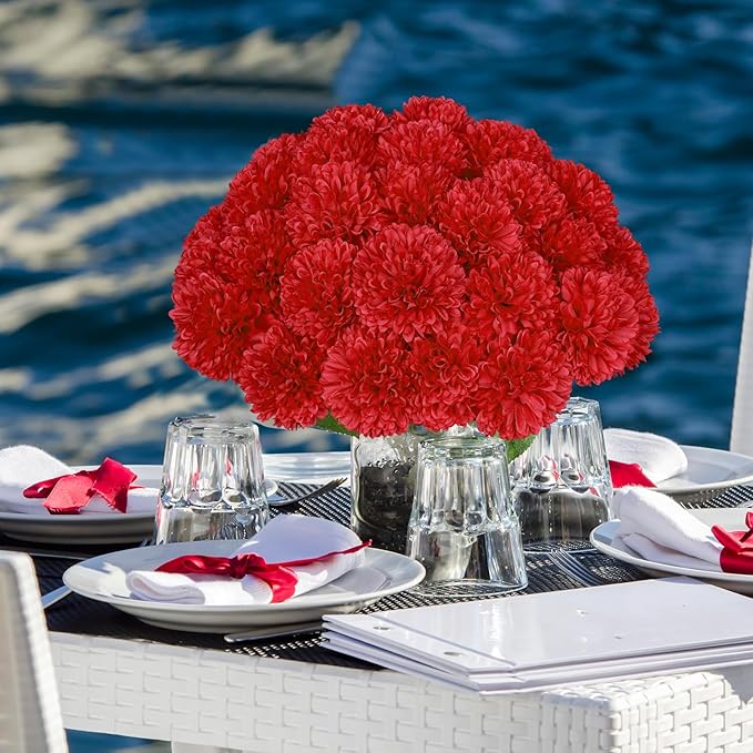 36 Pcs Artificial Chrysanthemums Flowers Red Flowers Fake Mums Silk Flowers for Spring Home Decor Christmas Floral Arrangement Halloween Table Centerpiece