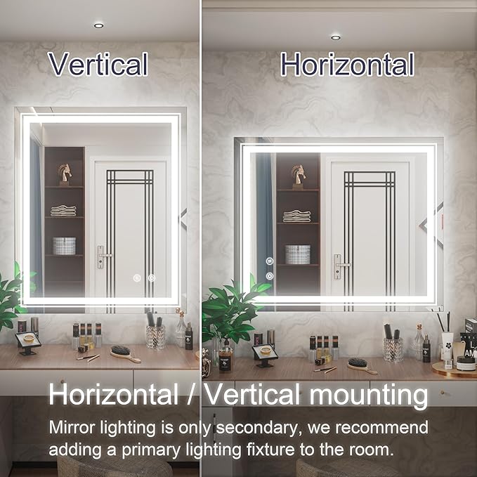 30 x 36 Inch LED Mirror for Bathroom with Lights, Frameless Lighted Bathroom Vanity Mirrors, Stepless Dimmable, Anti-Fog, Memory Funtion, Wall Mounted, Horizontal/Vertical
