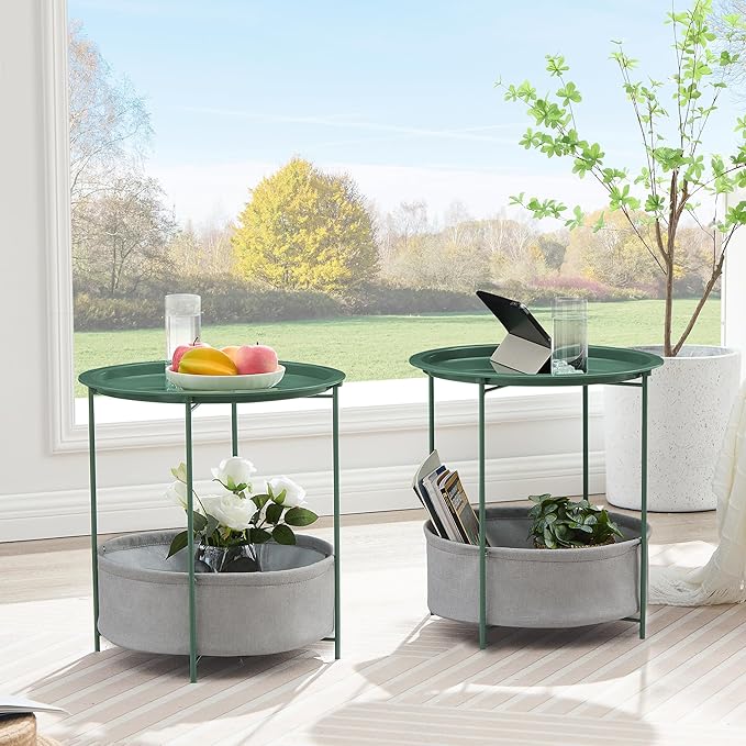 VECELO Round Side/End Table with Fabric Storage Basket，Metal Anti-Rust and Waterproof Small Bedside Nightstand with Removable Tray Top for Living Room，Balcony & Laundry，Dark Green /2pcs with Basket