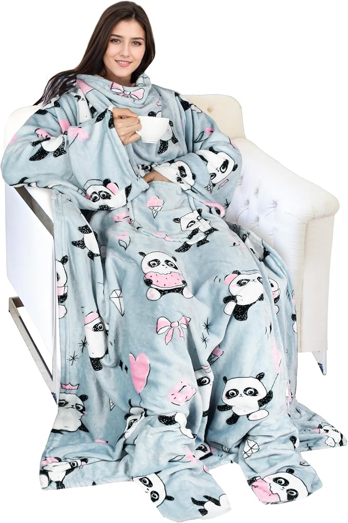 Catalonia Panda Print Wearable Blanket with Sleeves and Foot Pocket – Ultra-Soft Warm Fleece Long Throw Snuggly Blanket for Sleeping & TV Time – Cozy Christmas Gift for Women & Men