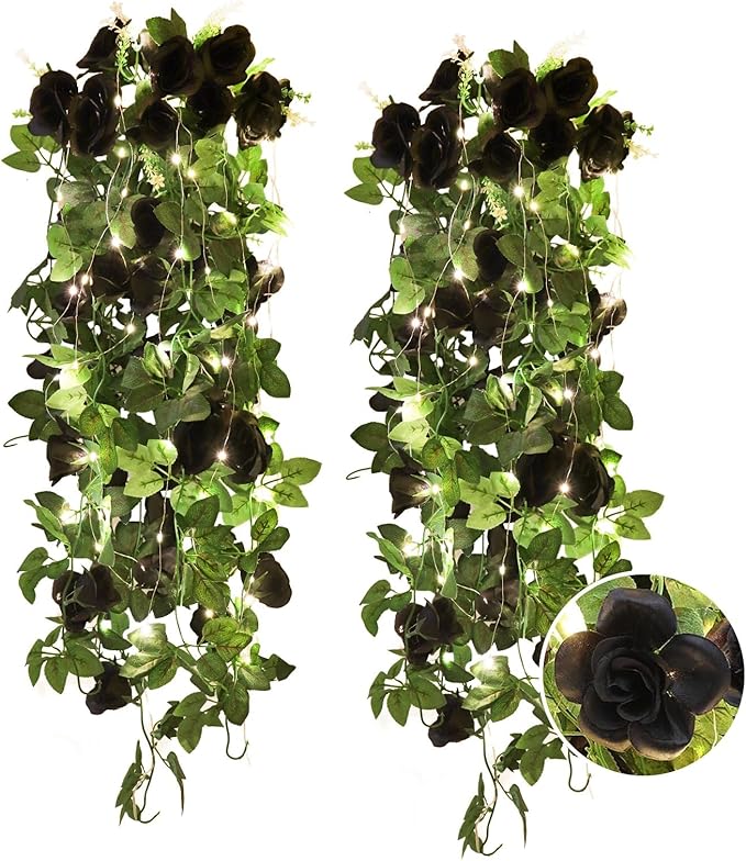 RECUTMS Hanging Flowers Black Artificial Rose Flower 2PCS 3.3Ft for Outdoors with 30 LED Fairy String Lights Fake Indoor Wall Wedding (Black)