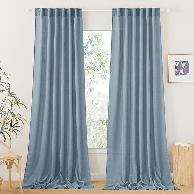 RYB HOME Linen Curtains 120 inches Long, Extra Long Floor Sweeping Semi Sheer Curtains Light Filtering Privacy Linen Blend Drapes for Sliding Glass Door Living Room, 52" inches Wide, Dusty Blue