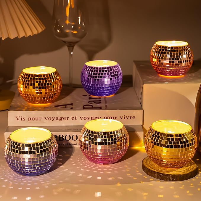 Tealight Candle Holder Set of 6, Grandient Mosaic Candle Holders Stained Glass Votive Candle Holder, Colorful Disco Ball Tealight Holder for Birthday Party, Weding Centerpieces, Home Decor