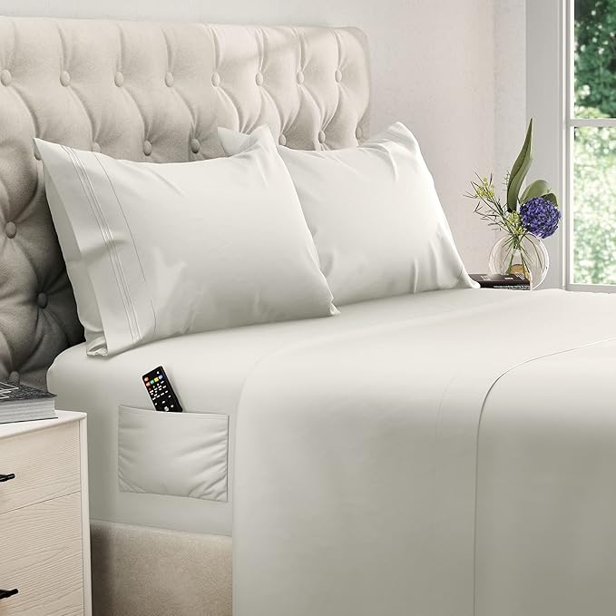 DREAMCARE California King Sheet Sets – 4 pcs Cooling Sheets – up to 21” Deep Cal King Sheets – Hotel Luxury Sheets & Pillowcases – Superior Softness 100% Fine Microfiber with Side Pocket – Ivory