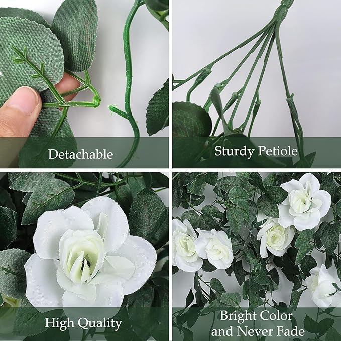 Artificial Hanging Rose Plant 4Pieces 3.3Ft Faux Ivy Plants Fake Outdoor Flowers Vines,UV Resistant for Wedding, Home, Office, Arch,Arrangement Decoration (White)