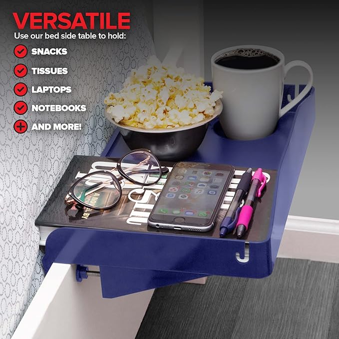 Modern Innovations Bedside Shelf for Bed, College Dorm Room, Bunk Bed Shelf for Top Bunk, Clip On Nightstand Tray with Cord and Cup Holder, Bunkbed Caddy for Table Storage (Navy)