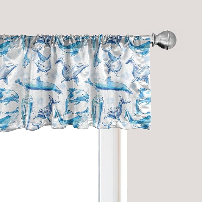 Ambesonne Sea Animals Window Valance, Sketch of Bottlenose Dolphins Playing Laughing in The Ocean Sea Life Print, Curtain Valance for Kitchen Bedroom Decor with Rod Pocket, 42" x 12", Turquoise White