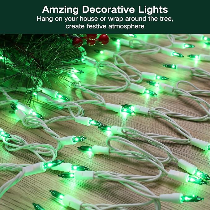Brizled Green Christmas Lights, 69.6ft 300 Count Mini String Lights Connectable, 120V UL Certified Incandescent Light White Wire, Green Xmas Tree Light for Indoor Outdoor Xmas Halloween Tree Party