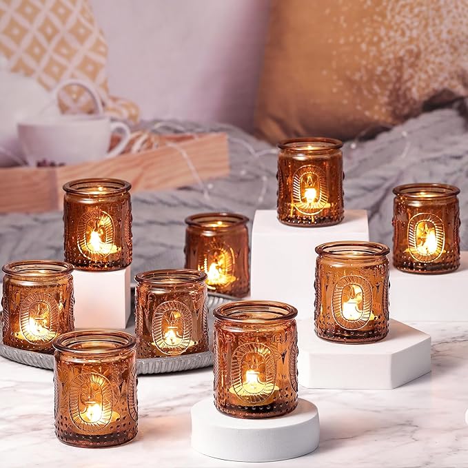 12 Pcs Vintage Amber Votive Candle Holders- Glass Amber Candle Holder for Centerpiece Table Decorations, Tea Light Candle Holders for Wedding Decor, Fall Decor, Thanksgiving and Christmas