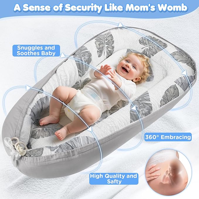 KISS GOLD Baby Lounger - Breathable Soft Cotton Cover Baby Lounger Nest, Babies Essentials Gifts, Portable Lounger for Baby Tummy Time Floor Playing Seated Support for Home and Travel
