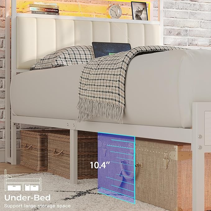 Twin Size Bed Frame with Charging Station and LED Lights, Metal Bed Frame with Headboard, White Upholstered Headboard with 2-Tier Storage Shelves, Noise Free, No Box Spring Needed, White