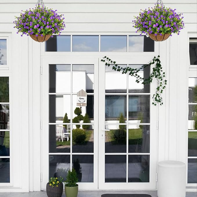 Artificial Hanging Flowers Basket for Outdoor, 16 Fake Flowers Look Real UV Resistant, Faux Hanging Plants for Porch, Balcony, Patio, Garden, Spring Summer Decor,Purple