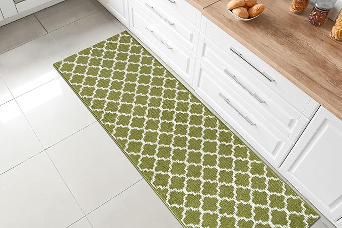 Custom Size Moroccan Trellis Runner Rug Mat for Wide Hallway Entryway Kitchen Laundry Room with Slip Resistant Latex Rubber Backing, Trellis Green, 31 inch X 15 feet