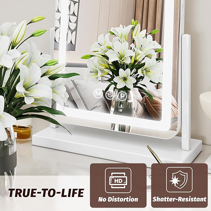 Vanity Mirror with Lights, 18"x13" Hollywood Lighted Makeup Mirror for Tabletop & Bedroom 3 Color Lighting Modes Smart Touch Control 360° Rotation Detachable