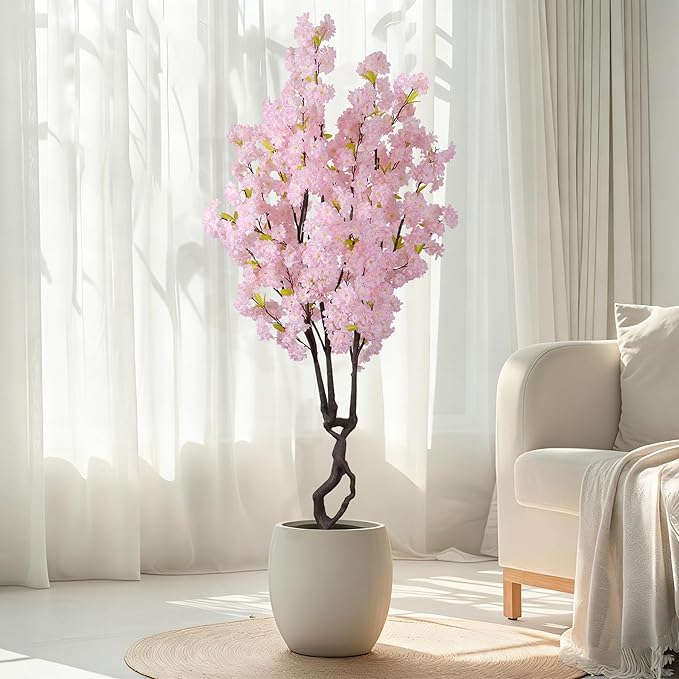 Artificial Pink Cherry Blossom Tree,7ft(84in) Faux Japanese Sakura Indoor Decoration,Natural Fake Cherry Floral Tree Outdoor Decor,Realistic Silk Pink Flowers for Living Room,Office,Wedding Party