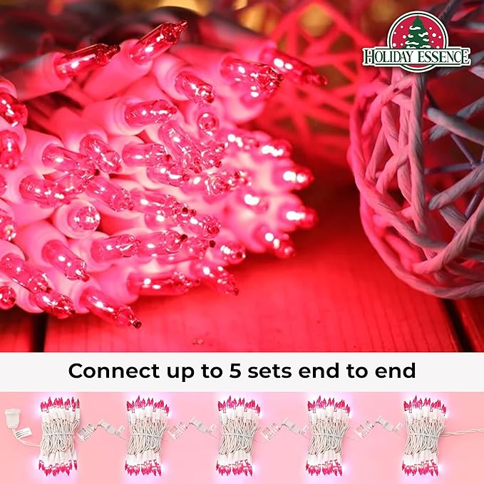 Pink Christmas Valentine's String Lights 100 Mini Incandescent Fairy Light Decor 20.6 Ft White Wire Indoor & Outdoor Party Patio Bedroom, Xmas Tree Garland Easter Holiday Decoration