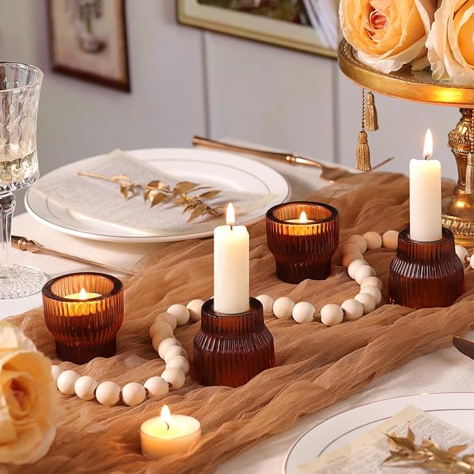 12pcs Amber Glass Candlestick Holders, Taper Candle Holders Tea Light Candle Holder for Wedding Centerpieces Table Decorations, Votive Candle Holders for Table Decor
