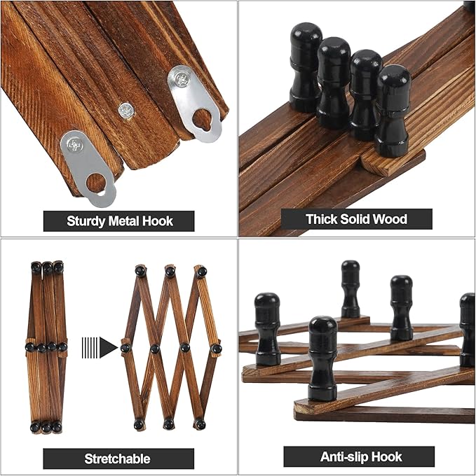 WGFKVAS 2 Pack Accordion Hat Rack for Wall - Expandable Coat Rack & Wall Mounted Hat Holder - Wooden Wall Hanger with 10 Peg Hooks for Coats, Baseball Caps, Keys & Mugs