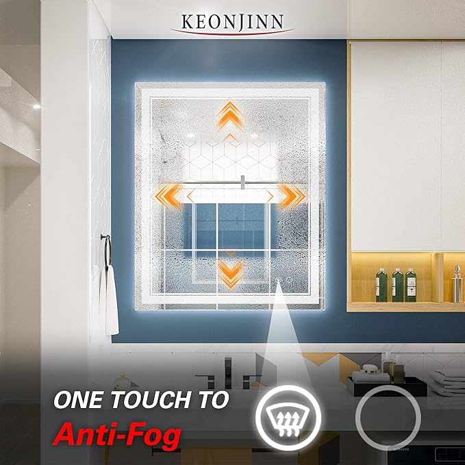 Keonjinn LED Bathroom Mirror, Lighted Vanity Mirror with Lights, 30 x 36 Inch, Dimmable, Anti-Fog, IP54, 6000K, Wall Mounted