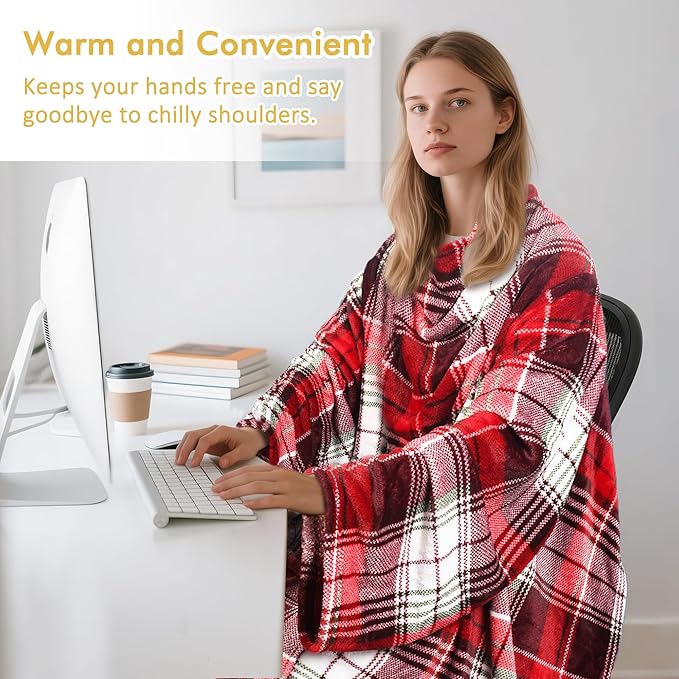 Catalonia Wearable Fleece Blanket with Sleeves and Foot Pockets for Adult Women Men, Micro Plush Comfy Wrap Sleeved Throw Blanket Robe Large, Red Plaid