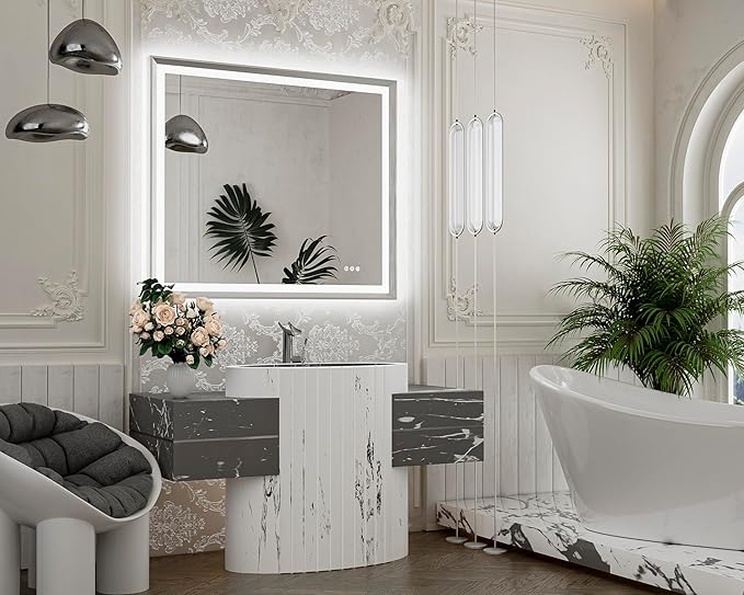 TETOTE Brushed Silver LED Bathroom Mirror with Lights 42x36 Front & Back Light Vanity Framed Mirror Baroque Anti Fog Dimmable White/Warm/Natural,CRI90+,Waterproof,Wall Mounted(Horizontal/Vertical)