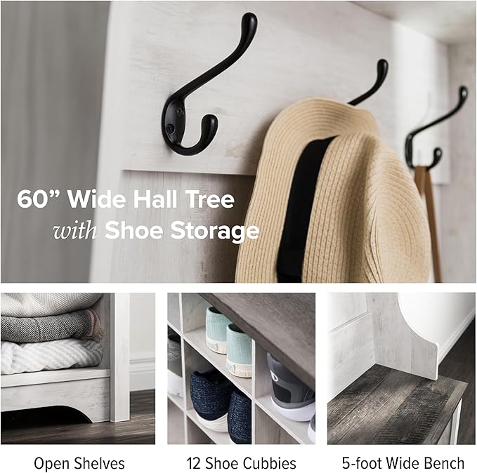 Prepac Farmhouse Washed White Hall Tree, Shoe Cabinet, Storage Cabinet with 12 Shoe Cubbies, 2 Boot Cubbies and 6 Double Coat Hooks 15.5" D x 60" W x 77" H