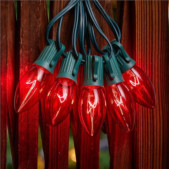 Minetom C9 Red Christmas String Lights, 25FT 25 Blubs Bright & Warm Outdoor Christmas Lights, Long Life C9 String Lights for Tree Patio Gazebo Wreath, Green