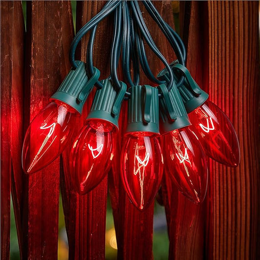 Minetom C9 Red Christmas String Lights, 25FT 25 Blubs Bright & Warm Outdoor Christmas Lights, Long Life C9 String Lights for Tree Patio Gazebo Wreath, Green