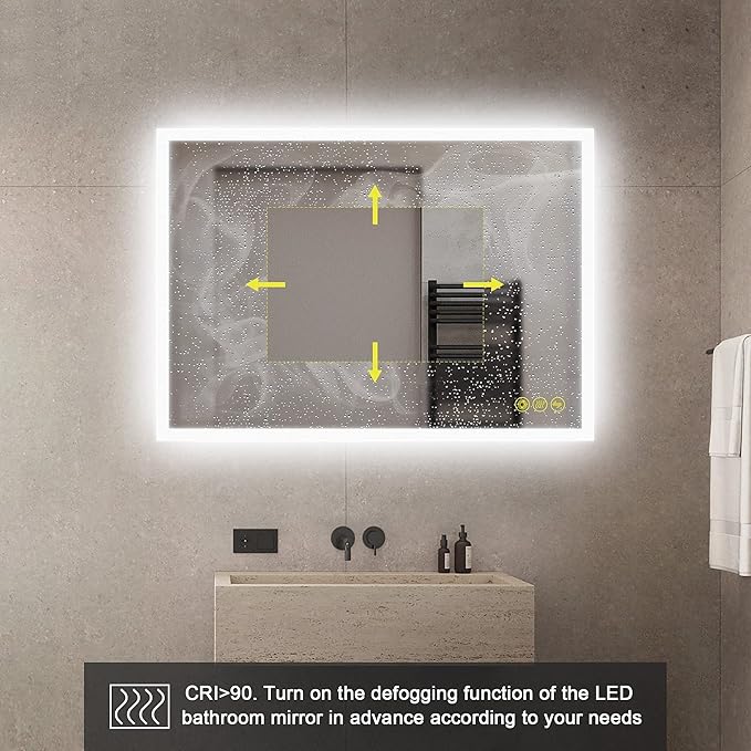Wall-Mounted LED Square Bathroom Mirror, Makeup Mirror (36 inches x 24 inches,) 3 Color Stepless Dimmable Memory Bathroom Vanity Mirror with Lights CRI90+ 3000-6400K Smart Mirror with Touch