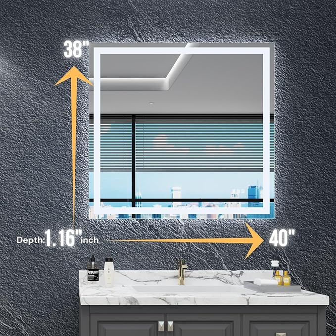 LED Bathroom Mirror with Lights 40"x 38", Front Lit and Backlit Mirror,Stepless Dimmable,Anti-Fog, Shatter-Proof, Memory, Lighted Vanity Mirror for Wall (Horizontal/Vertical)